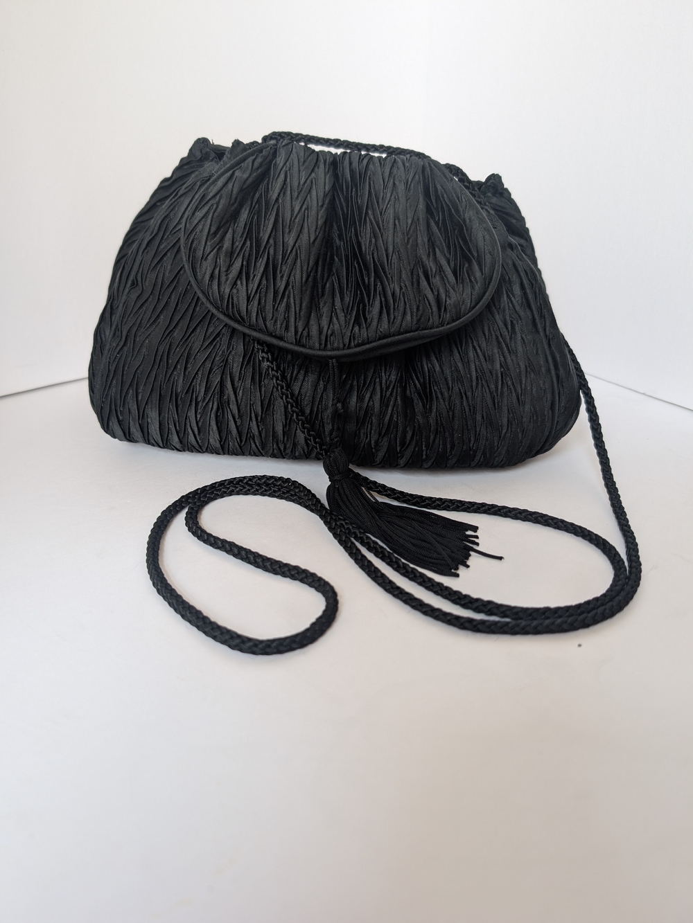 Vtg 80s Black Ruched Evening Bag Pleated Pouch Clutch with Tassel & Rope Strap